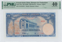 FRENCH INDO-CHINA: 100 Piastres (ND 1946) in blue on multicolor unpt. BIC bank building at center on face. S/N: "Y145 0531". WMK: Woman head. Printed ...