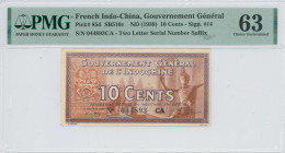 FRENCH INDO-CHINA: 10 Cents (ND 1939) in red-brown. Sculptures at left & dancer at right on face. S/N: "044893 CA". Inside holder by PMG "Choice Uncir...