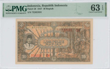 INDONESIA: 50 Rupiah (26.7.1947) in brown on orange unpt. Portrait of Sukarno at left on face, workers in rubber plantation at right on face. S/N: "73...