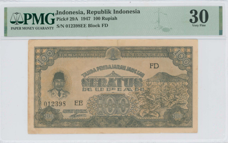 INDONESIA: 100 Rupiah (26.7.1947) in green and brown. Portrait of Sukarno at lef...