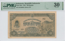 INDONESIA: 100 Rupiah (26.7.1947) in green and brown. Portrait of Sukarno at left, tobacco field and mountain at right on face. S/N: "012398EE". Block...