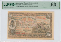 INDONESIA: 250 Rupiah (26.7.1947) in brown on orange unpt. Portrait of Sukarbo at left, peasant at right on face. S/N: "021101AE". Inside holder by PM...