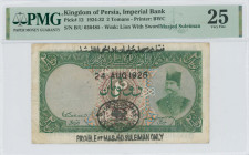 IRAN: 2 Tomans (24.8.1926) in green. Portrait of Nasr-ed-Din at right on face. S/N: "B/U 030485". WMK: Lion with sword. Printed by BWC. Inside holder ...