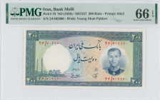 IRAN: 200 Rials [SH1337 (1958)] in blue on purple, orange and multicolor unpt. Fifth portrait Shah Pahlavi in army uniform at right on face. S/N: "24/...