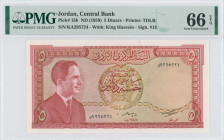 JORDAN: 5 Dinars (Law 1959 / ND) in red-brown on multicolor unpt. King Hussein at left on face. S/N: "KA 295724". WMK: King Hussein wearing kuffiyeh. ...