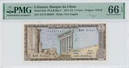 LEBANON: 1 Livre (1974) in brown on light blue unpt. Columns of Baalbek on face. S/N: "AY73 60280". WMK: Two eagles. Printed by TDLR. Inside holder by...