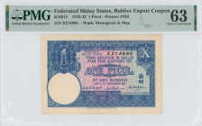 FEDERATED MALAY STATES: 1 Picul (1935-1942) rubber export coupon in blue and lilac unpt. S/N: "X 214695". WMK: Monogram & map. Printed by FMS. Inside ...