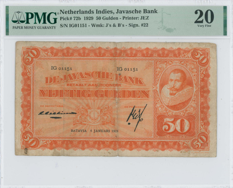 NETHERLANDS INDIES: 50 Gulden (4.1.1929) in orange. Portrait of Jan Pieterzoon C...