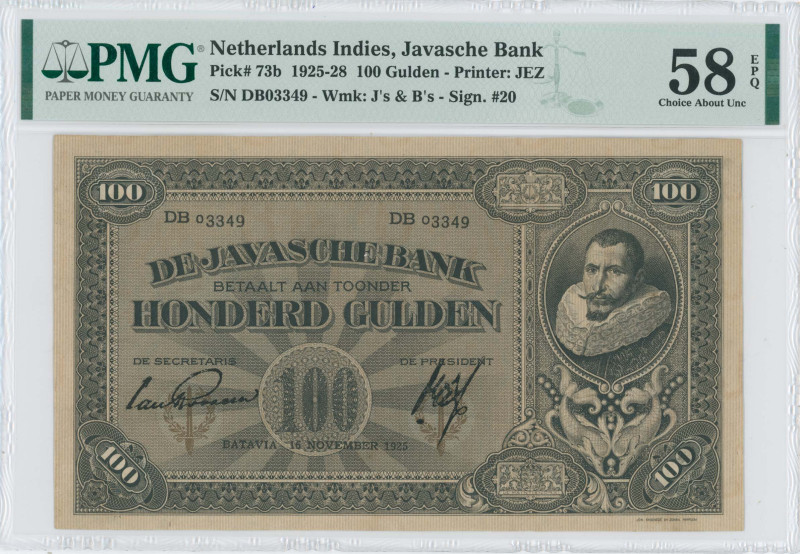 NETHERLANDS INDIES: 100 Gulden (16.11.1925) in black. Portrait of Jan Pieterzoon...