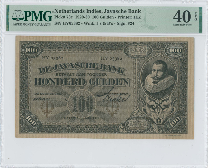 NETHERLANDS INDIES: 100 Gulden (2.3.1930) in black. Portrait of Jan Pieterzoon C...