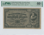 NETHERLANDS INDIES: 100 Gulden (2.3.1930) in black. Portrait of Jan Pieterzoon Coen with ruffled collar at right on face. S/N: "HY 05382". WMK: Js & B...