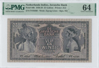 NETHERLANDS INDIES: 25 Gulden (8.11.1938) in purple on multicolor unpt. Javanese dancer at left and right on face. S/N: "FV05030". WMK: Zigzag lines. ...