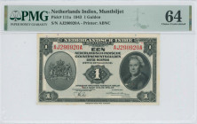 NETHERLANDS INDIES: 1 Gulden (2.3.1943) in black. Portrait of Queen Wilhelmina at right and crowned supported coat of arms at left on face. S/N: "AJ 2...