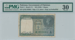 PAKISTAN: 1 Rupee (ND 1948) in gray-green. S/N: "Q/49 343684". Signature by C.E. Jones. Ovpt on India #25d. Inside holder by PMG "Very Fine 30 / Stapl...