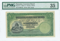 PALESTINE: 1 Pound (20.4.1939) in green and black. Dome of the Rock at left on face. S/N: "K306435". WMK: Olive sprig. Printed by TDLR. Inside holder ...