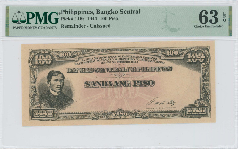 PHILIPPINES: Remainder of 100 Piso (Law 29.2.1944) in black on pink unpt. Portra...