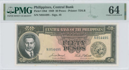 PHILIPPINES: 50 Pesos (1949) in black on pink and light tan unpt. Portrait of A Luna at left, large central Bank seal (type 1) at lower right on face....