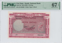 SOUTH VIET NAM: 10 Dong (ND 1955) in deep red on blue and gray unpt. Fish at center on face. S/N: "J3 381069". WMK: Tiger head. Inside holder by PMG "...