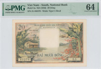 SOUTH VIET NAM: 20 Dong (ND 1956) in green and multicolor. Huts and boats at left, banana plants at right on face. S/N: "Z.5 05279". WMK: Tiger head. ...