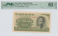 VIET NAM: 100 Dong (1951) in green. HCM at right on face. S/N: "AB 07824268". Printed by (CPFS). Inside holder by PMG "Gem Uncirculated 65 EPQ". (Pick...