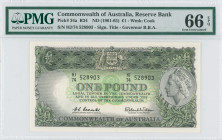 AUSTRALIA: 1 Pound (ND 1961-65) in black on green and yellow unpt. Coat of arms at upper center and cameo portrait of Queen Elizabeth II at right on f...