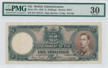 FIJI: 5 Shillings (1.3.1938) in blue on brown and blue unpt. Portrait of King George VI at right on face. S/N: "B/2 132512". WMK: Fijians head. Signat...