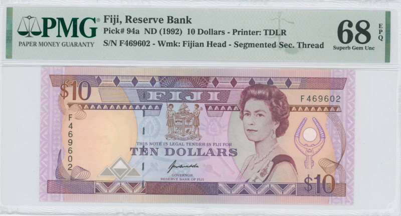 FIJI: 10 Dollars (ND 1992) in purple and brown on multicolor unpt. Modified port...