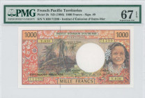 FRENCH PACIFIC TERRITORIES: 1000 Francs (ND 1996) in multicolor. Hut in palm trees at left and girl at right on face. S/N: "Y.030 71299". Signature by...