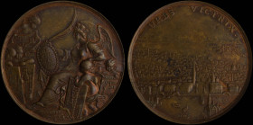 ITALY: Bronze medal (1686) commemorating victory over the Turks in Venice. Victoria sits with palm branch and shield, five putti, holding boards and a...