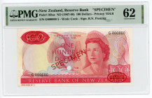 New Zealand 100 Dollars 1967 - 1968 (ND) Specimen PMG 62 Uncirculated
P# 168as, N# 210548; # G000000; Wmk: Cook; Sign.: R.N.Fleming; Specimen #5