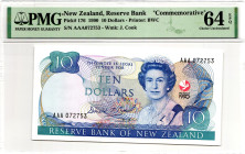 New Zealand 10 Dollars 1990 PMG 64 EPQ Choice Uncirculated
P# 176, N# 224290; # AAA 072753; Commemorative issue 150th Anniversary of the Treaty of Wa...