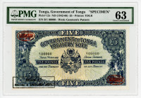 Tonga 5 Pounds 1942 - 1966 (ND) Specimen PMG 63 Choice Uncirculated
P# 12s, N# 253960; # B / 1 00000