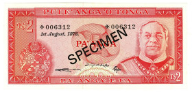 Tonga 2 Pa'anga - Taufa'ahua 1978 Specimen
P# 20s, N# 323708; # # *006312; Diagonal black overprint Specimen; 1978-Aug-01; UNC