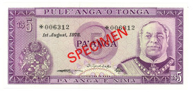 Tonga 5 Pa'anga - Taufa'ahua 1978 Specimen
P# 21s, N# 234183; # # *006312; Diagonal red overprint Specimen; 1978-Aug-01; UNC