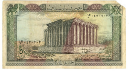 Lebanon 50 Livres 1988
P# 65d, N# 208286; # 0 8 0430203; F, Corner torn off