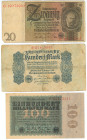 Germany - Weimar Republic Lot of 3 Banknotes 1922 - 1929
Various Dates, Denominations & Conditions; F - XF-