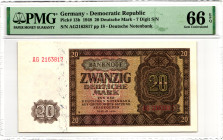 Germany - DDR 20 Deutsche Mark 1948 PMG 66 EPQ Gem Uncirculated
P# 13b, N# 207659; # AG 2163817