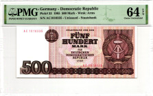 Germany - DDR 500 Mark 1985 PMG 64 EPQ Choice Uncirculated
P# 33, N# 203445; # AC 1010335