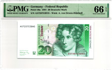 Germany - DDR 20 Deutsche Mark 1991 PMG 66 EPQ Gem Uncirculated
P# 39a, N# 203838; # AS 7207538 N 5