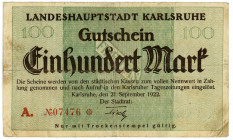 Germany - Weimar Republic Landeshauptstadt Karlsruhe 100 Mark 1922
# A 07476; VF