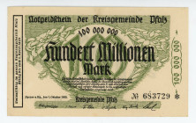 Germany - Weimar Republic Pfalz 100 Millionen Mark 1923
N# 214451; # 683729; AUNC-