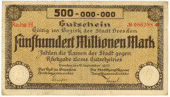 Germany - Weimar Republic Stadt Dresden 500 Millionen Mark 1923
# H 086288; VF, Tear
