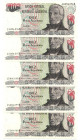 Argentina 5 x 10 Pesos 1984 (ND) Consecutive Numbers
P# 315, N# 203789; # B 15086896 - B 15086900; UNC