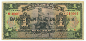 Bolivia 1 Boliviano 1929 (ND) Overprint With Fancy Number
P# 112, N# 205339; # T 4 040004; VF