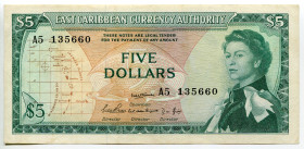 East Caribbean States 5 Dollars 1965 (ND)
P# 14a, N# 202484; # A5-135660; AUNC