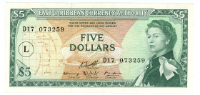 East Caribbean States Saint Lucia 5 Dollars 1965 (ND)
P# 14m, N# 202484; # D 17 073259; UNC