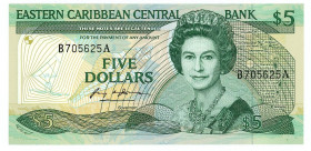 East Caribbean States Antigua & Barbuda 5 Dollars 1986 - 1988 (ND)
P# 18a, N# 219651; # B 705625 A; UNC
