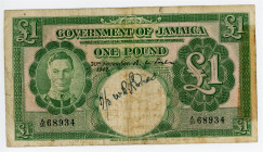 Jamaica 1 Pound 1942
P# 41a, N# 218653; # A/16 68934; Short snorter; VF