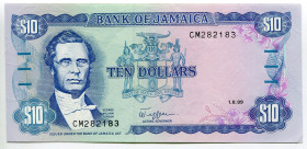 Jamaica 10 Dollars 1989
P# 71c, N# 204276; # CM282183; AUNC