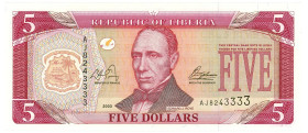 Liberia 5 Dollars 2003
P# 26a, N# 211129; # AJ 8243333; With fancy number; UNC